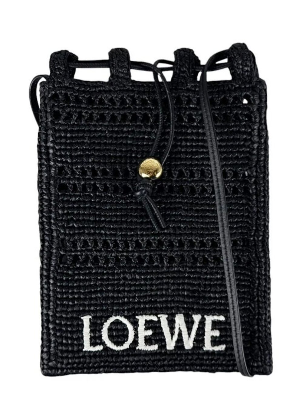 Auth LOEWE Drawstring Pocket Crossbody Shoulder Bag Black Raffia - z10999